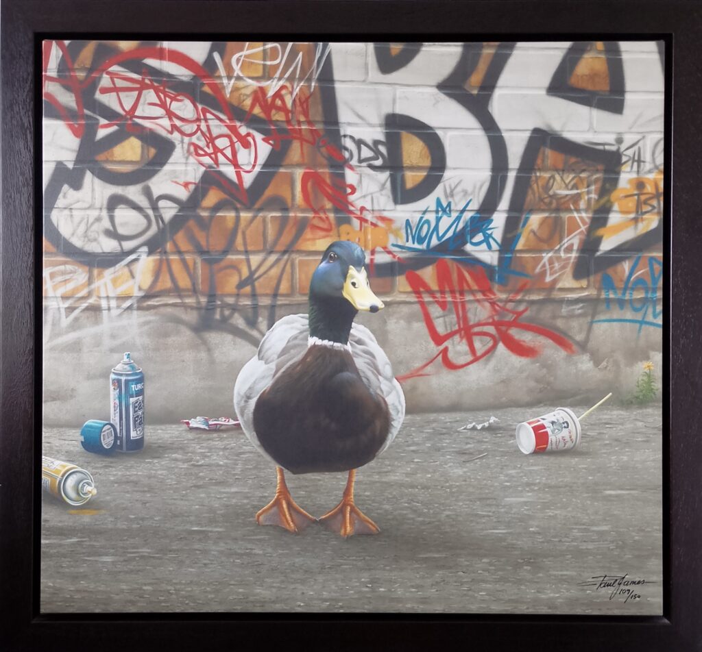 Limited Edition artwork of a duck standing in front of a graffiti-covered wall