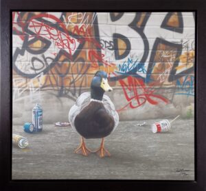 Limited Edition artwork of a duck standing in front of a graffiti-covered wall