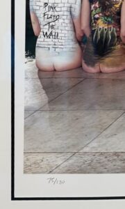 A framed artwork featuring Pink Floyd album artwork painted on the backs of three individuals.