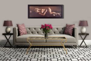 modern living room with artwork titled 'Mas Qué Bonita' by Temper