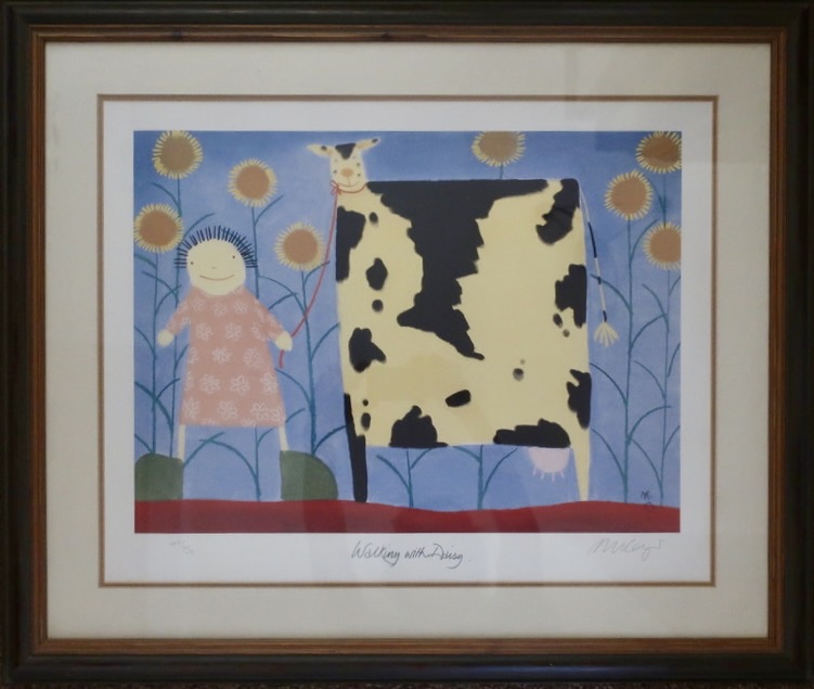 Child and cow in a colorful field, artwork by Mackenzie Thorpe