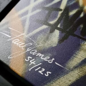 close-up of Paul James artwork titled Innocent, featuring signature and artwork details