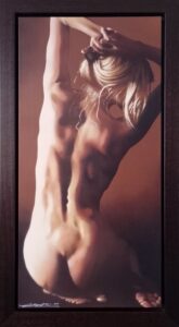 artwork of a nude figure from behind with arms raised