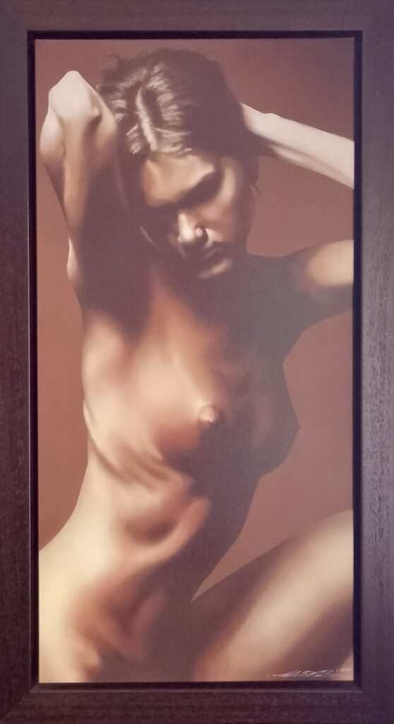 artwork depicting a nude female figure with toned musculature and dynamic pose, titled Divinus by artist Temper