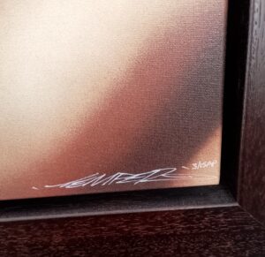 Close-up of artwork titled 'Divinus' by artist Temper, showing the artist's signature and AP number in the corner.
