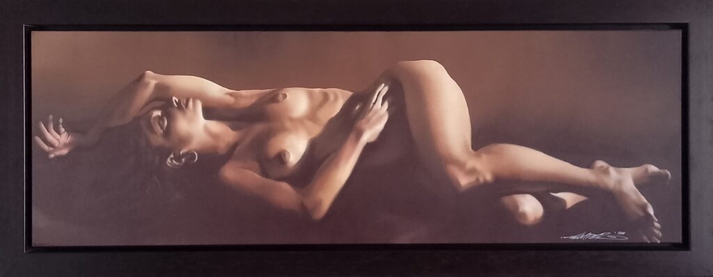 a painting of a reclining nude figure with soft lighting