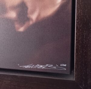 close-up of a Temper AKA Arron Birdsignature on a framed canvas titled Sunrise in Florence