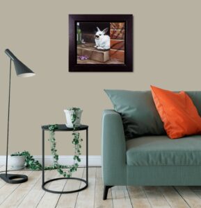 Interior room with 'Bruiser' artwork by Paul James on the wall above a gray sofa with an orange cushion, next to a round side table with a lamp and plant.