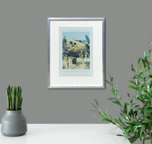 Framed artwork by Eduardo Paolozzi titled 'Fun helped them Fight' depicting a military plane.