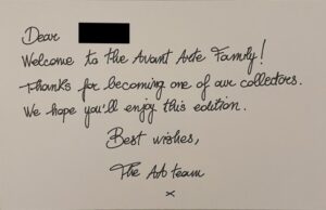 Handwritten note welcoming collector to Avant Arte Family