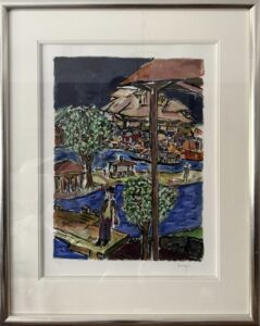 Framed artwork titled 'Fisherman' by Bob Dylan, featuring a colorful, abstract landscape with trees and a river.