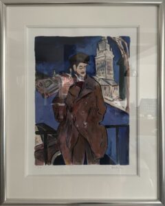 abstract artwork of a figure in a dark coat with a cityscape