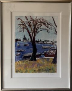 colorful landscape painting with boats and trees