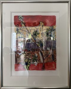 framed artwork by Bob Dylan from the Drawn Blank series featuring sunflowers and a colourful background