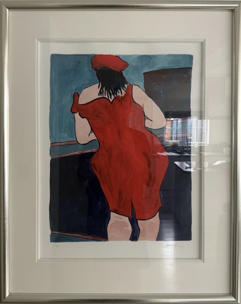Artwork by Bob Dylan titled 'Woman in Red Lion Pub' featuring a figure in a red dress and hat, looking away.