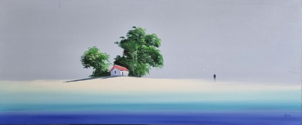 painting of a serene seascape with a small house and trees on a strip of land