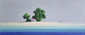 painting of a serene seascape with a small house and trees on a strip of land