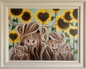 painting of highland cows with long hair among sunflowers, framed
