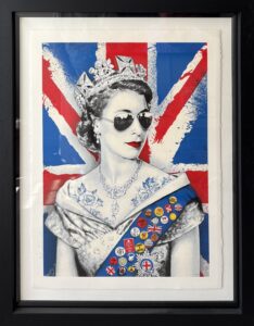 artwork depicting Queen Elizabeth II front of a British flag