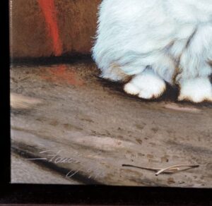 artwork titled 'Bouncer' by Paul James featuring a white rabbit against a graffiti backdrop