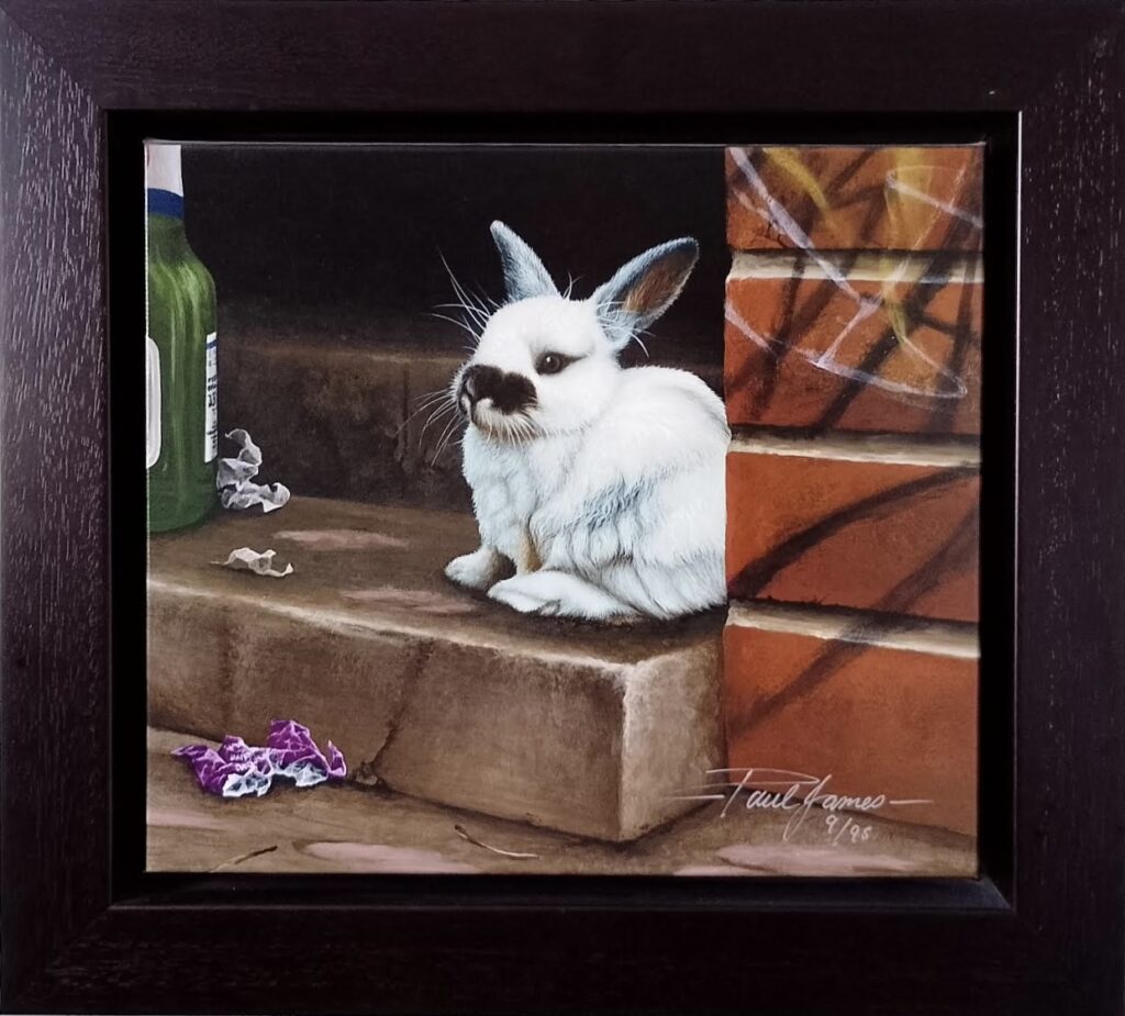 framed painting of a white rabbit in an urban setting by Paul James titled 'Bruiser'