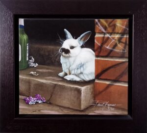 framed painting of a white rabbit in an urban setting by Paul James titled 'Bruiser'