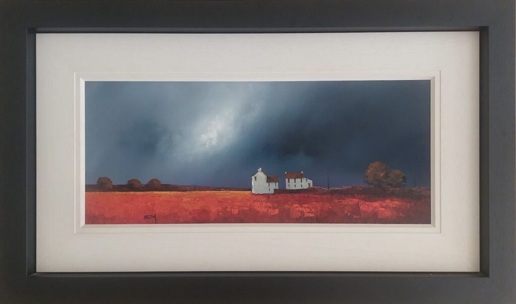 painting of a white house on a red landscape with dark sky