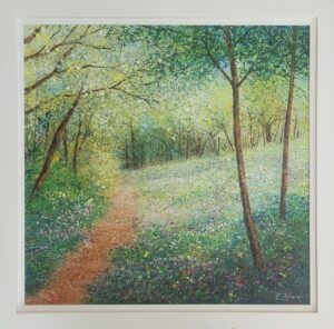 landscape painting of a sunlit forest path surrounded by greenery and wildflowers