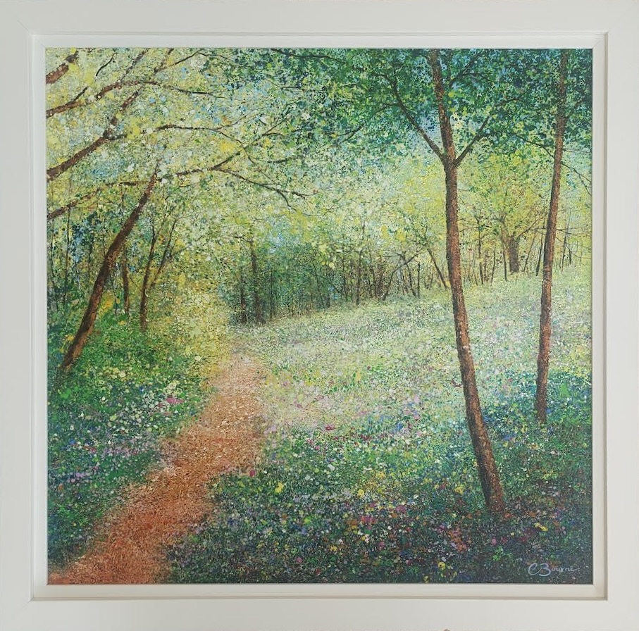 landscape painting of a sunlit forest path surrounded by greenery and wildflowers