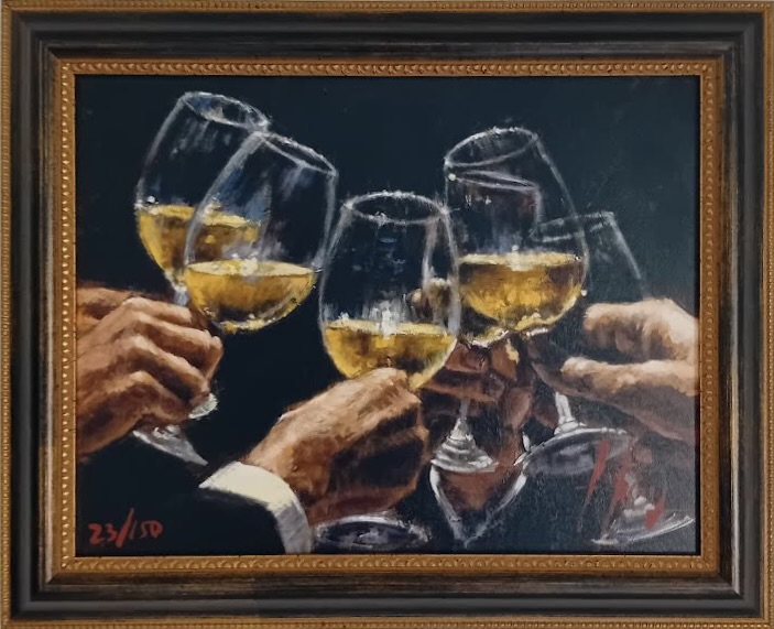 painting of six hands holding glasses in a toast