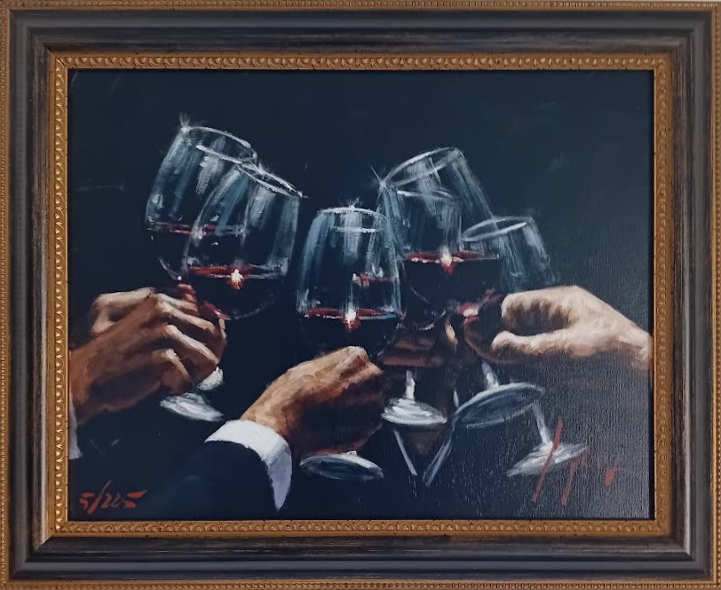 painting of multiple hands toasting with wine glasses