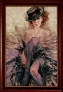 embellished giclée on canvas limited edition depicting a woman in black tulle and hat