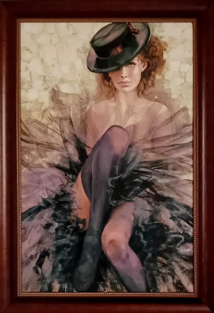 embellished giclée on canvas limited edition depicting a woman in black tulle and hat