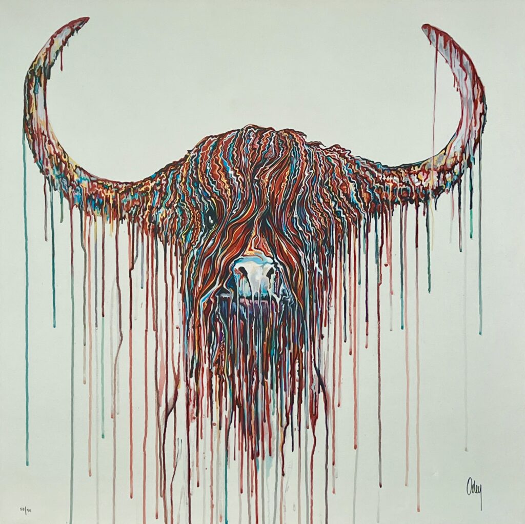 colorful abstract painting of a longhorn cow by Robert Oxley