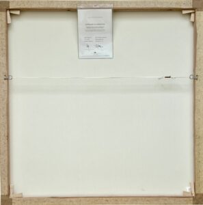 Back view of a boxed canvas artwork titled 'Cowslip' by artist Robert Oxley