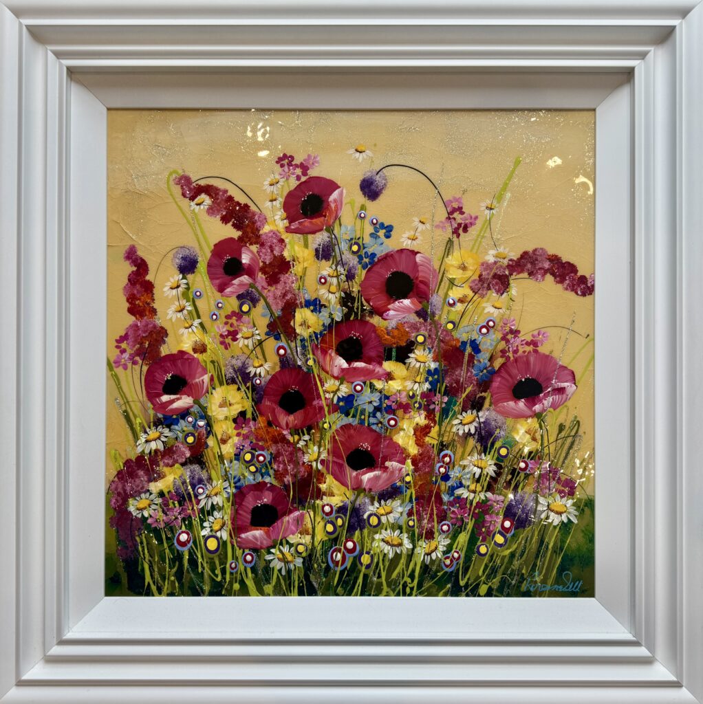 vibrant floral painting of pink poppies in a white frame