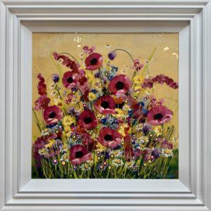 vibrant floral painting of pink poppies in a white frame