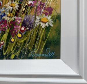 Floral artwork titled 'Poppies in Pink' by Rozanne Bell featuring vibrant flowers and abstract elements in a white frame.