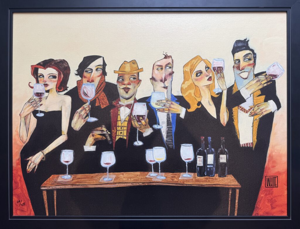 Just a Taste artwork depicting people enjoying wine in vibrant artwork by Todd White