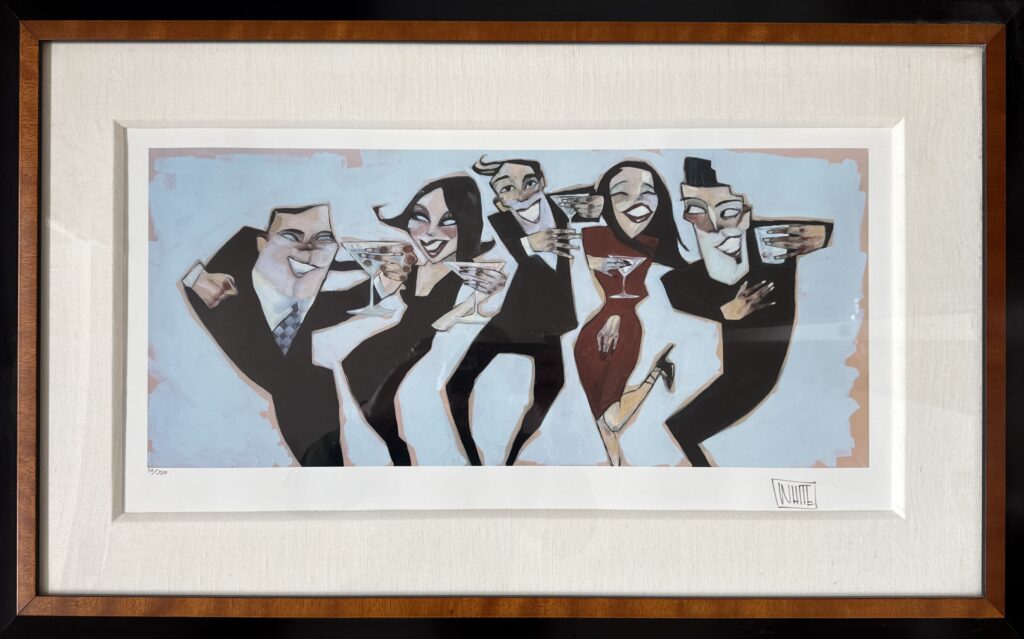 Todd White illustration of five people dancing and holding drinks