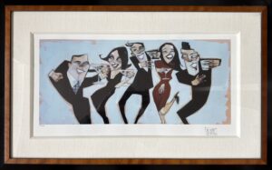 Todd White illustration of five people dancing and holding drinks