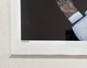 Close-up of signed and numbered artwork print, showing part of an artwork and the signature area with numbering 269/350.