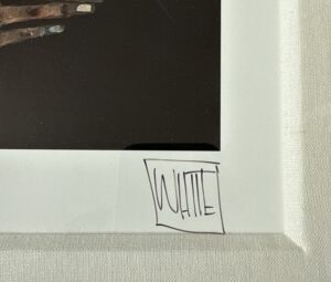 close-up of an artist's signature on framed artwork