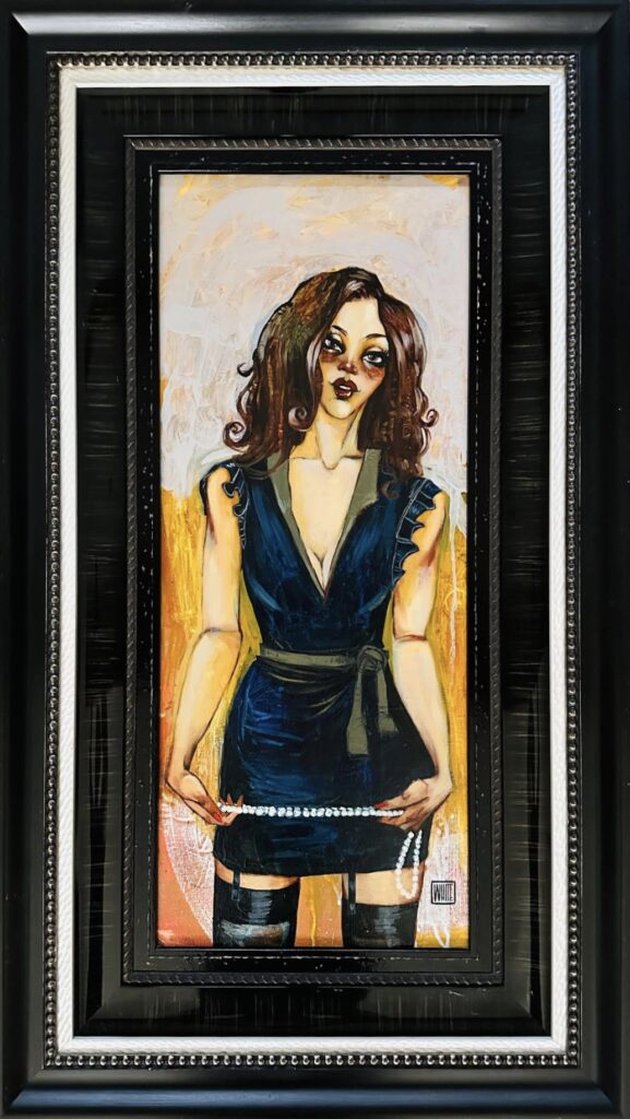 Todd white original art depicting a woman in a dark dress holding a string, with bold colours and expressive features