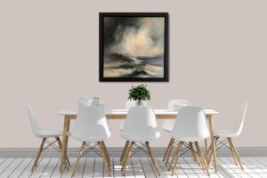 a dining room featuring a painting titled 'Northern Sea III' by Chris and Steve Rocks displayed on the wall