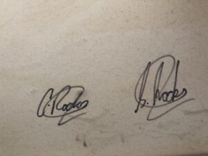 Signatures of artists Chris and Steve Rocks on artwork titled 'Moonlit Waters III'.