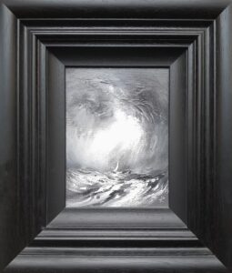 abstract painting of stormy waters in grayscale