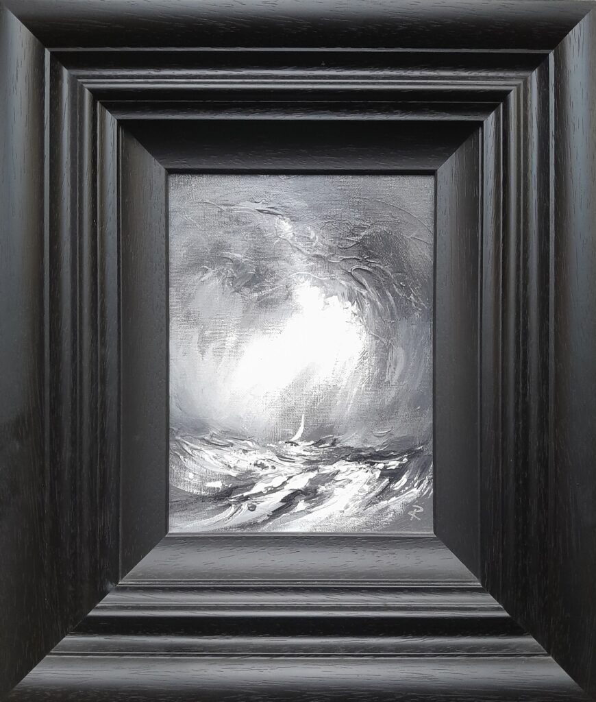 abstract painting of stormy waters in grayscale