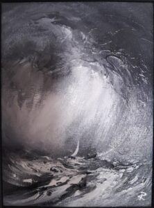 abstract painting of a turbulent ocean with a small sailboat