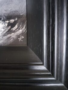 abstract black and white painting with dynamic brush strokes and textured surfaces